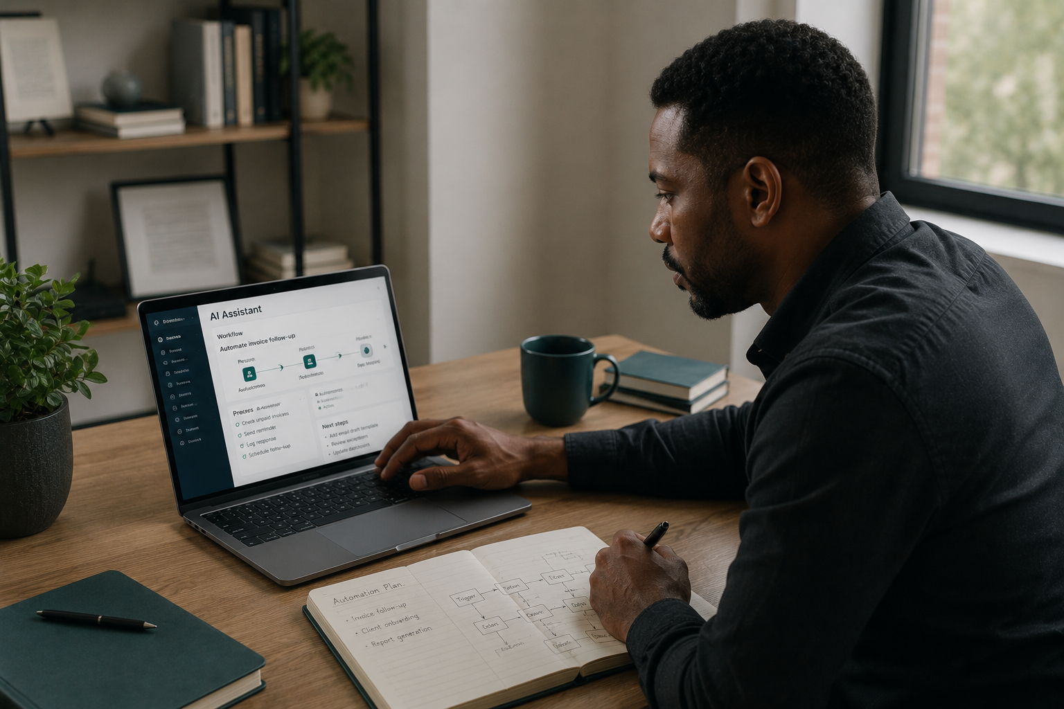 A business owner using a practical AI workflow at a desk