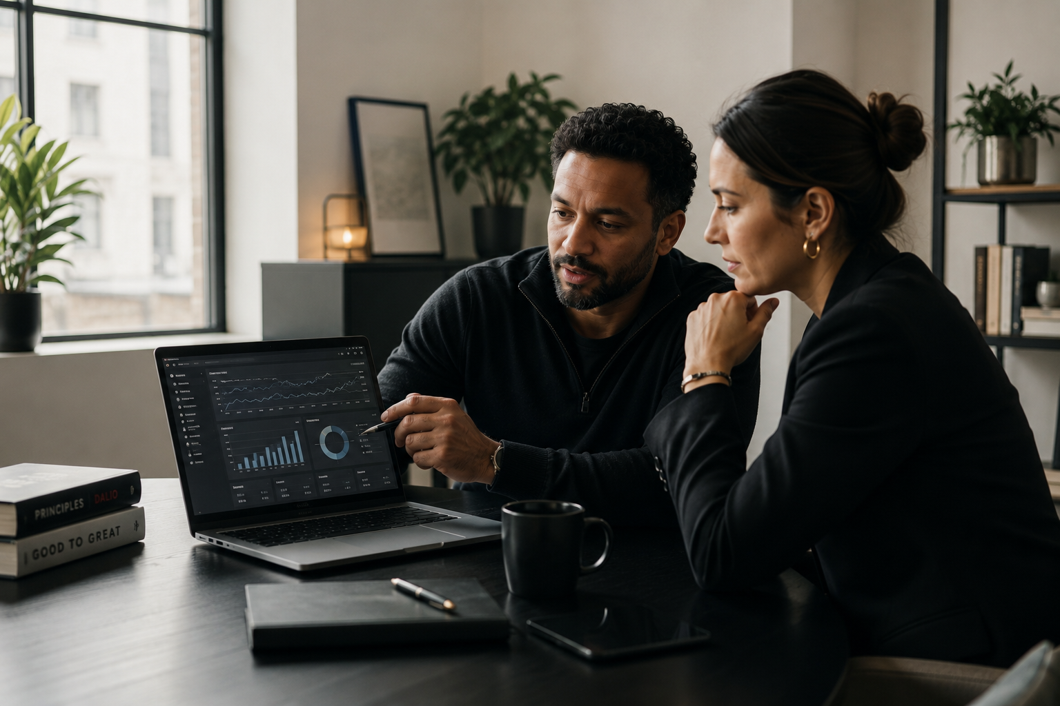 A business owner and consultant reviewing operations data on a laptop
