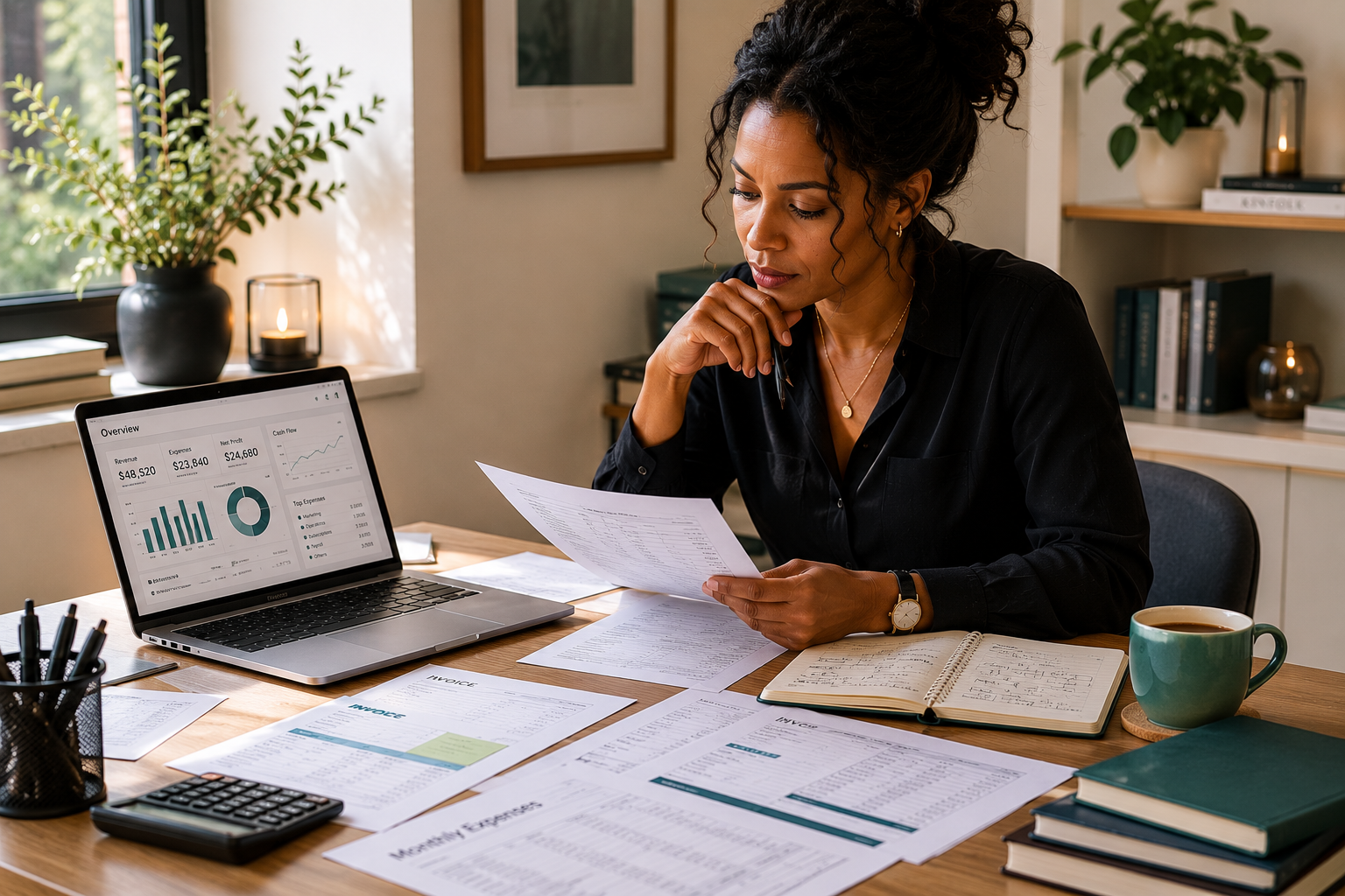 A business owner reviewing invoices, spreadsheets, and a laptop dashboard